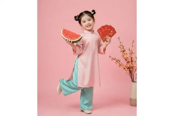 Bé vui đùa cùng dưa hấu và lì xì