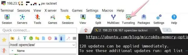 Hướng Dẫn Cấu Hình OpenClaw Trên VPS Ubuntu 2.5G RAM (giá chỉ 18$/năm) 13 Chọn tính năng Tunneling trên MobaXterm