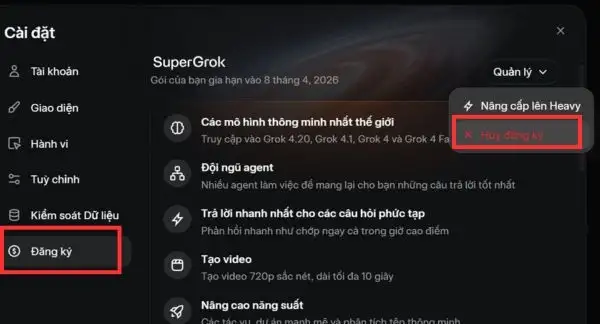 Cách nâng cấp SuperGrok Heavy miễn phí 1 năm qua Amazon Pay 29 Chọn Hủy gói đăng ký