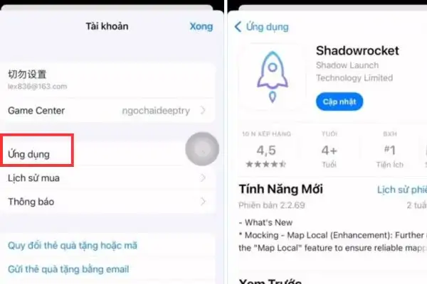 Vào mục Ứng dụng, tìm Shadowrocket