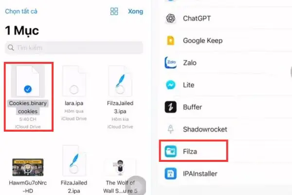 Chọn ứng dụng Filza để mở tệp tin