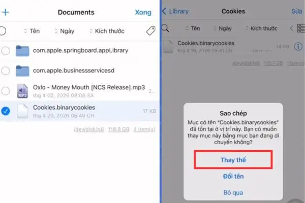Chọn Thay thế để ghi đè tệp cũ
