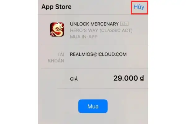 Cách mua vật phẩm trong game không mất tiền trên iPhone 24 Nhấn vào nút Hủy