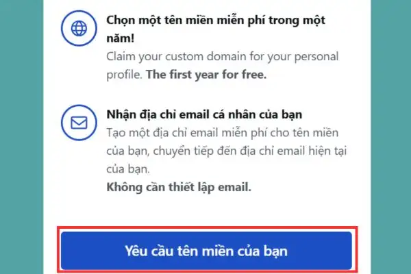 Nhấn vào nút Yêu cầu tên miền của bạn