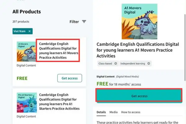 Nhận khóa học Cambridge miễn phí để luyện thi IELTS, Starters, Movers 15 Chọn khóa học rồi chọn nút Get access